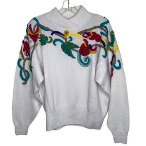 Vintage Floral Embroidered White Cowl Neck Sweater Large Maurada 70s 80s 1970s
